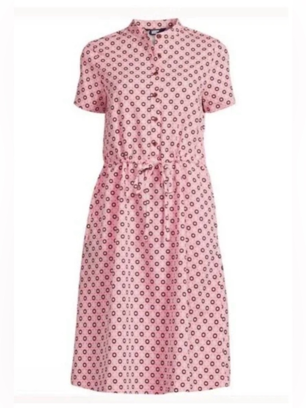 Lands' End Pink Printed Short-Sleeve Drawstring Waist Dress